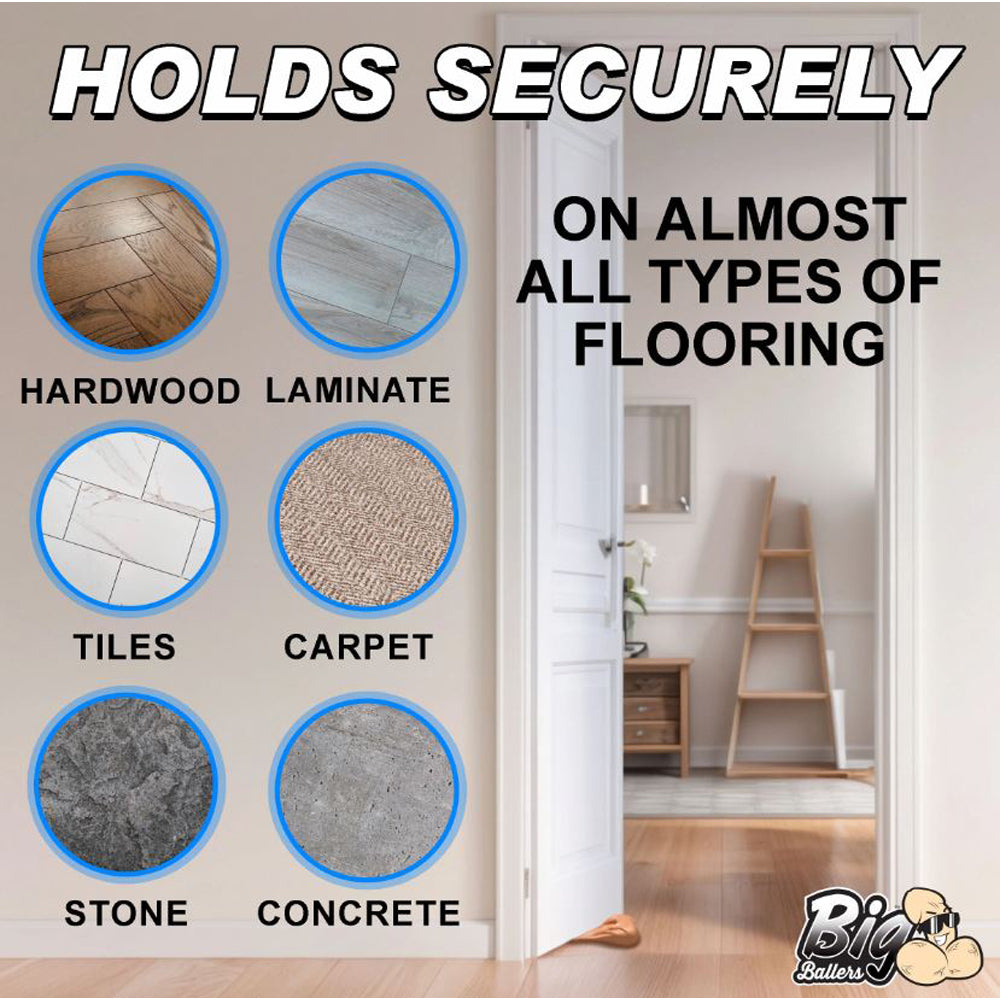 Door stop shown on various flooring types: hardwood, laminate, tiles, carpet, stone, and concrete.