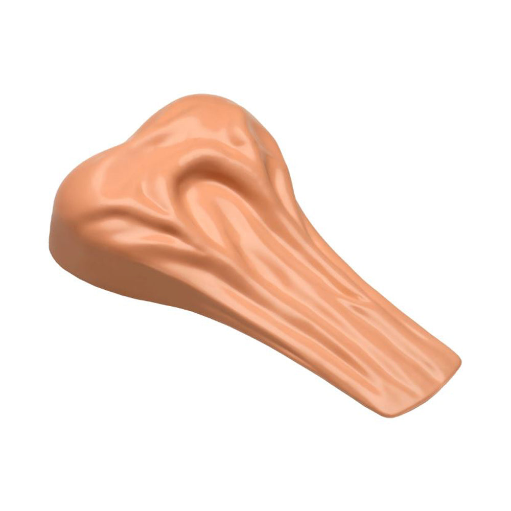 A peach-colored silicone door stop with a textured, bulbous top and a tapered end.