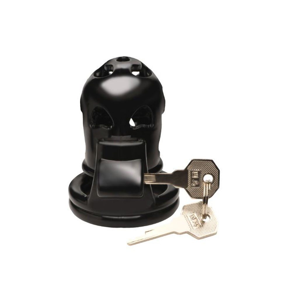 Black plastic chastity cage with two keys and a double ring design.