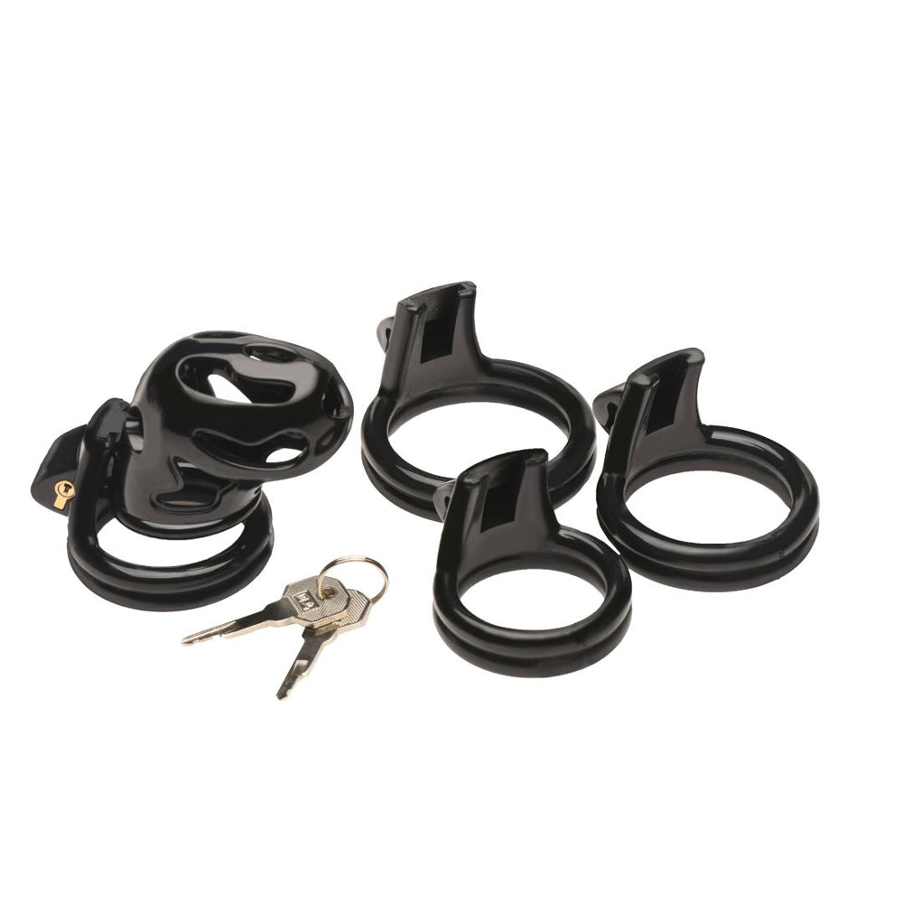 Black plastic chastity cage with two keys and four rings.