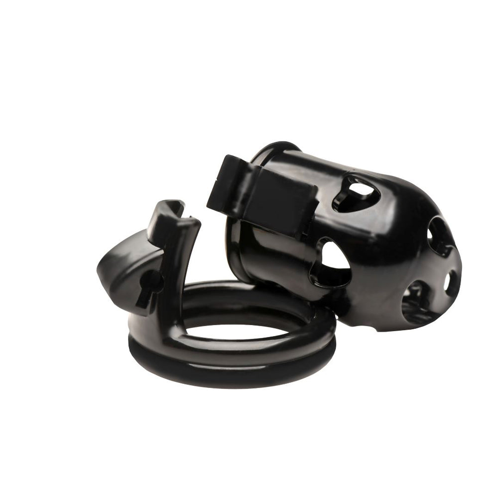 Black plastic double ring chastity cage with a ventilated design.