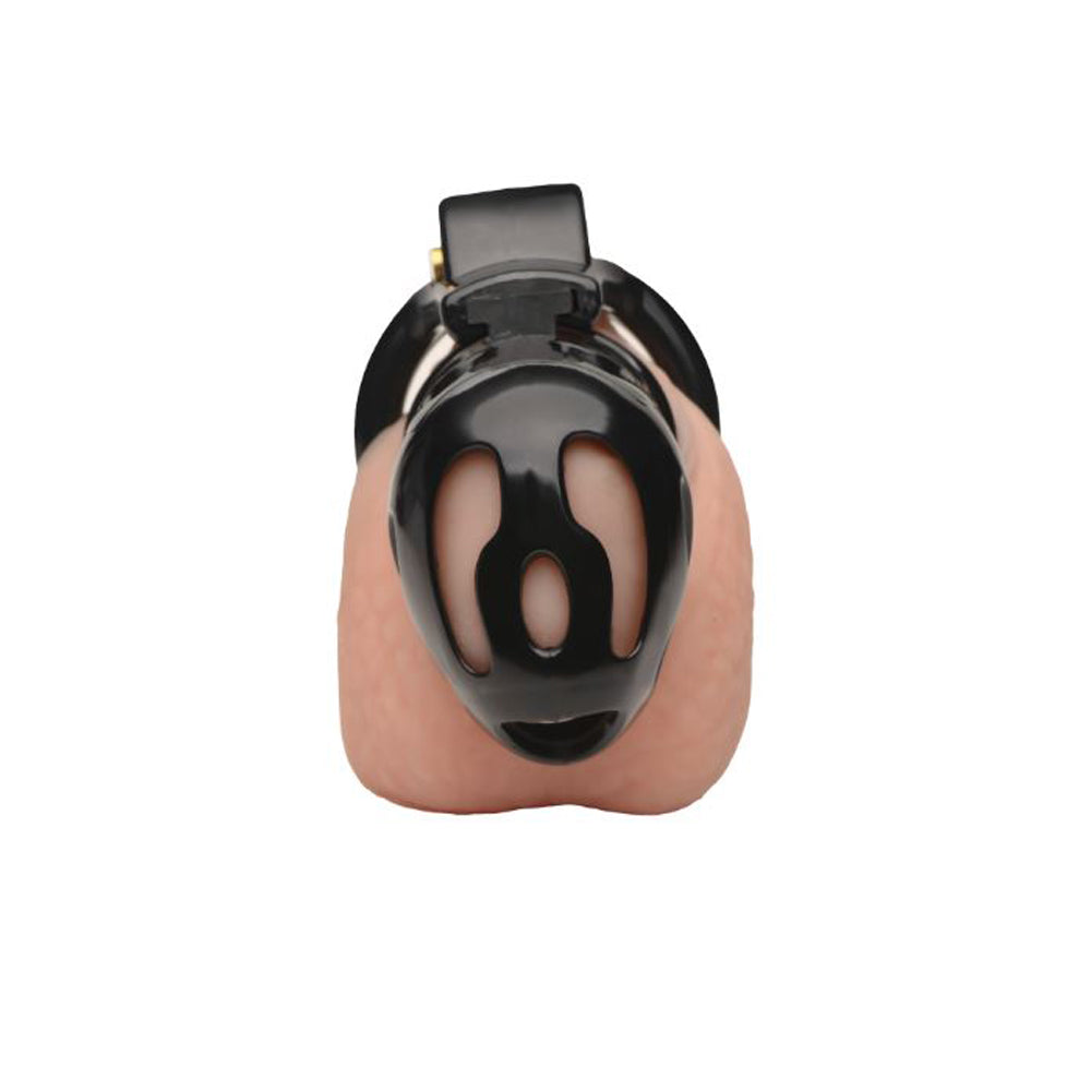 Black plastic double ring chastity cage with a locking mechanism.