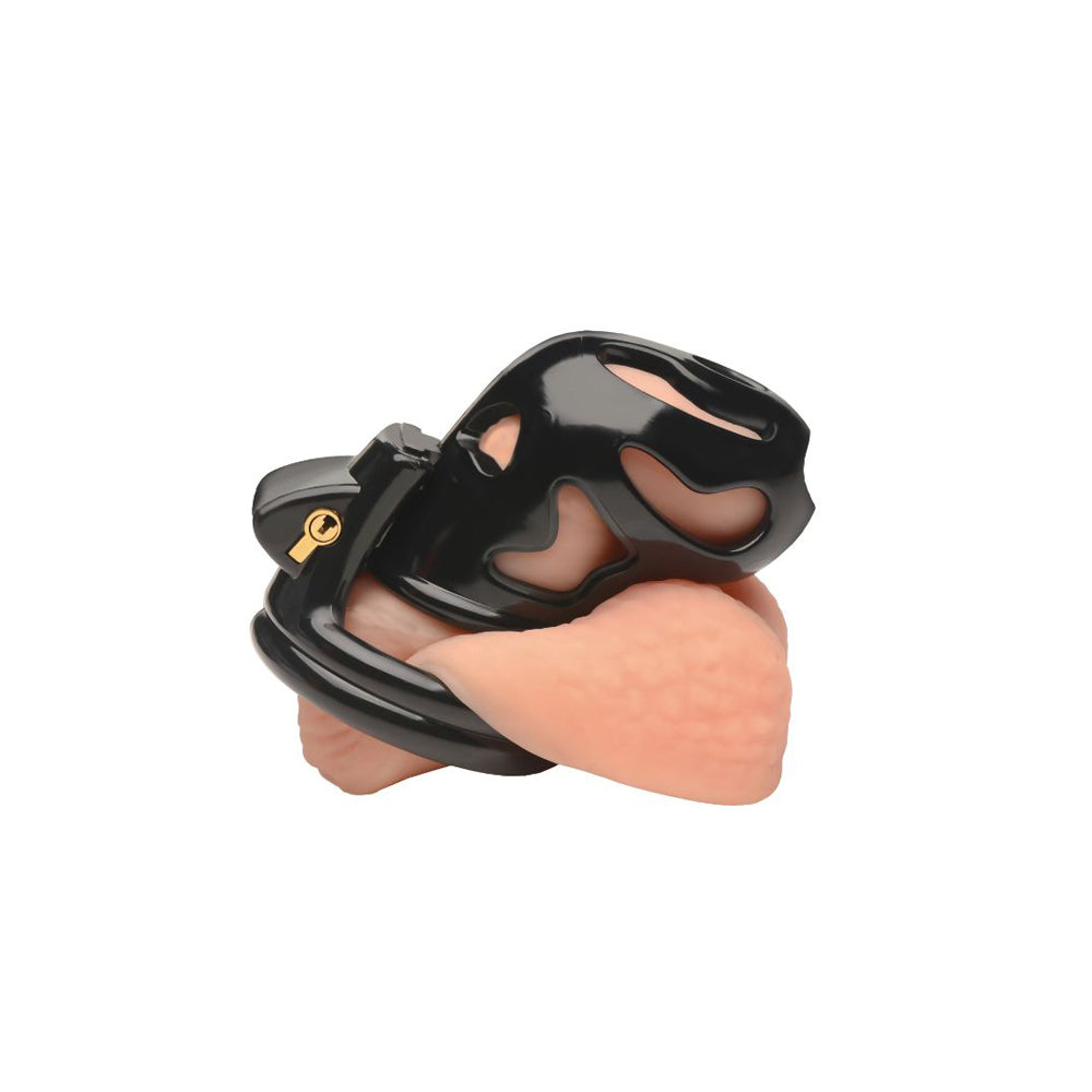 Black plastic double ring chastity cage with a lock.