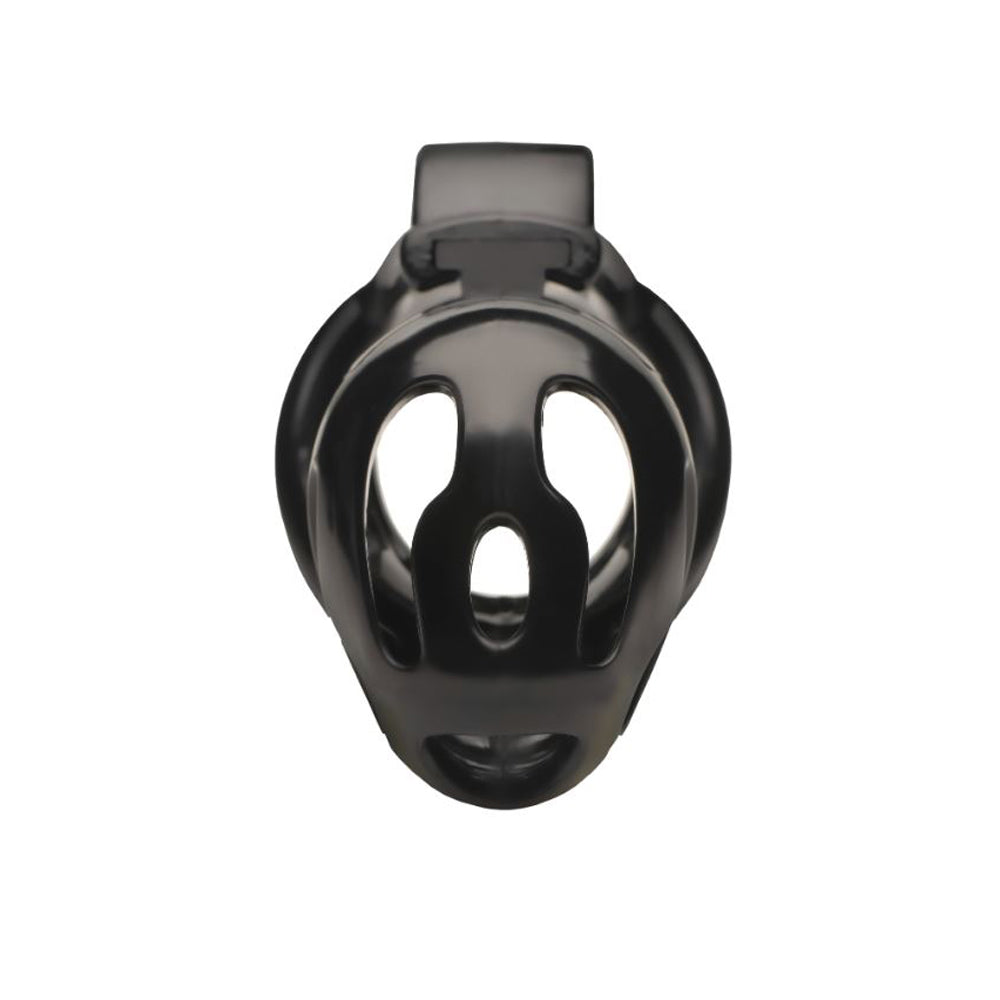Black plastic double ring chastity cage with open design.
