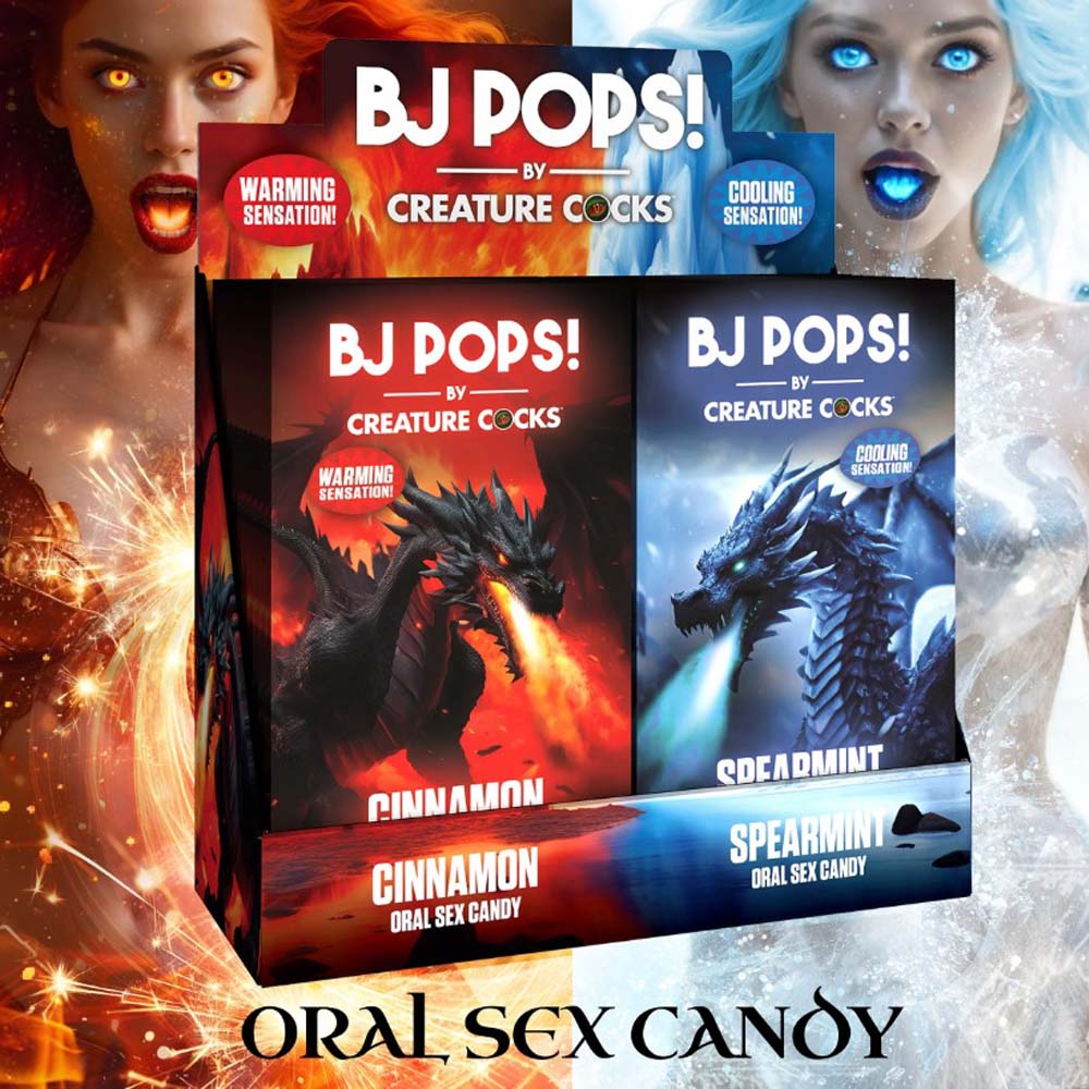 BJ Pops oral candy display featuring cinnamon and spearmint flavors.