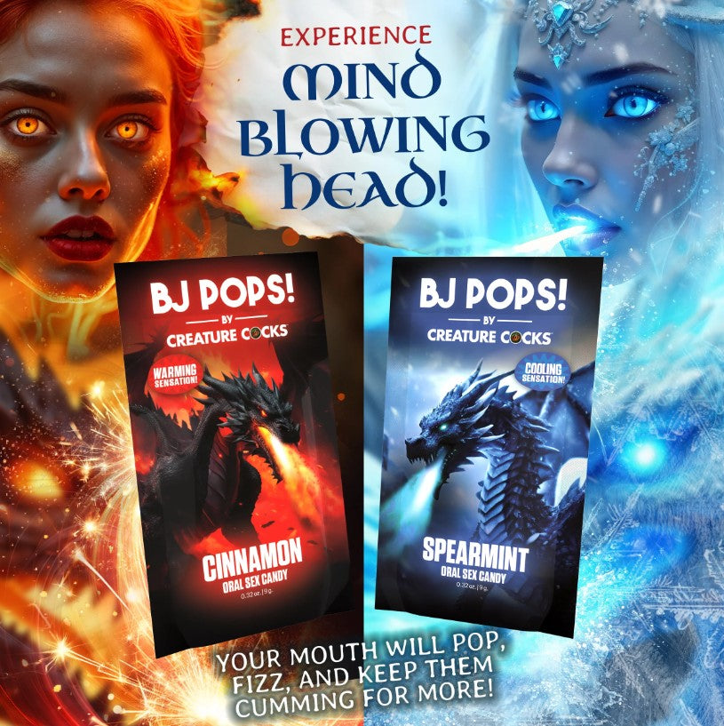 BJ Pops Sizzling Oral Candy display featuring cinnamon and spearmint flavors with dragon imagery.