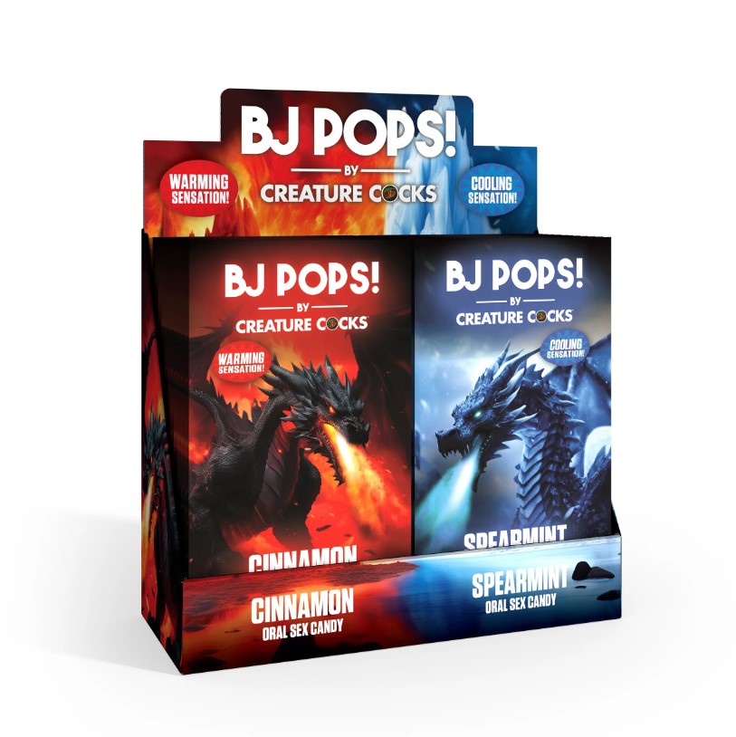 Display box of BJ Pops oral candy featuring dragons and flavor names.