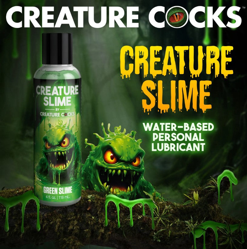 Green water-based personal lubricant with a creature design.