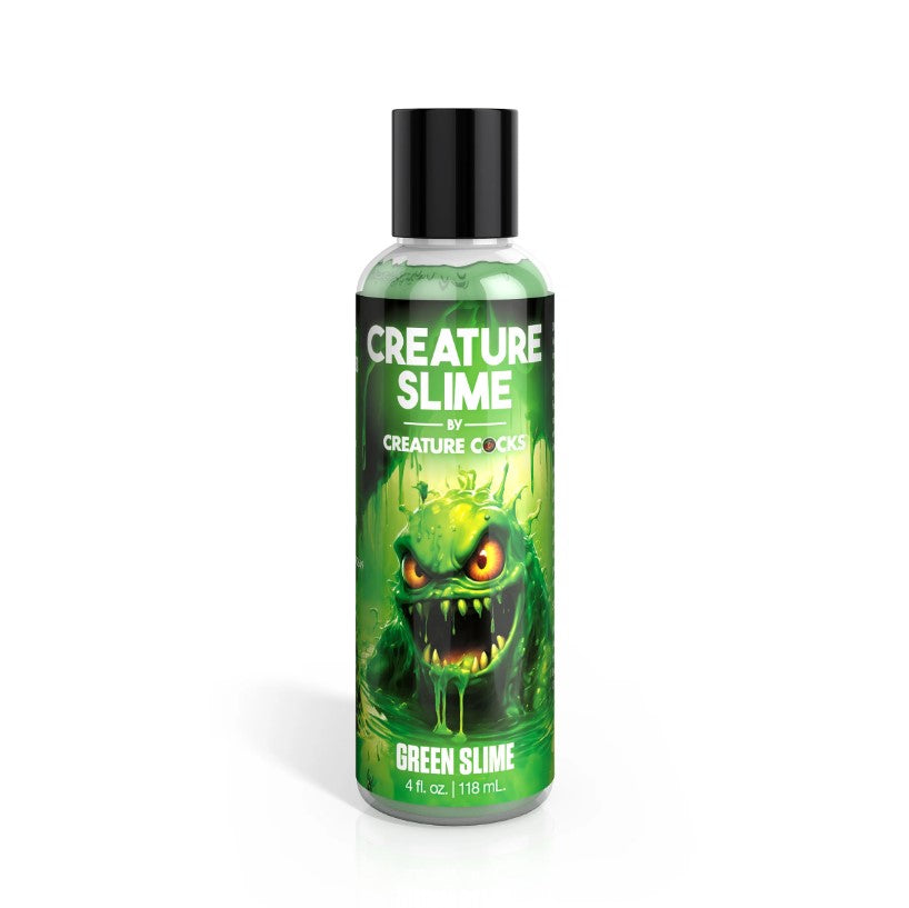 A bottle of green creature slime lube with a monster illustration.