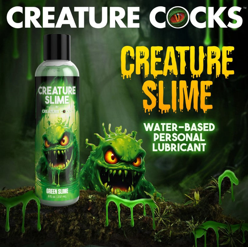 Green water-based personal lubricant in an 8oz bottle with a creature design.