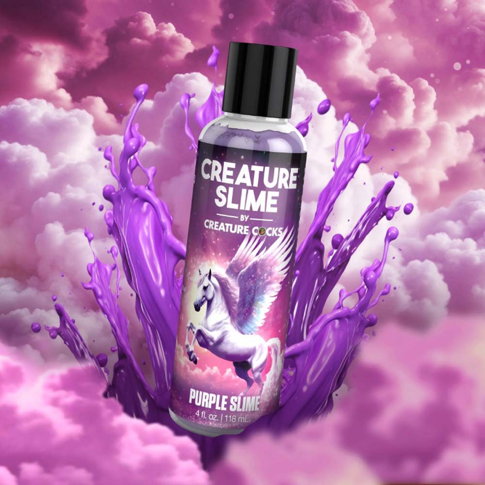 Purple water-based lube with a unicorn and purple splashes on the label.
