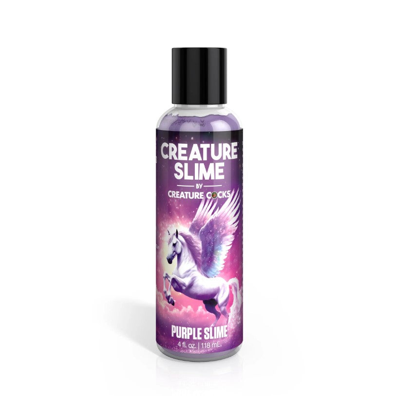 A bottle of purple creature slime lube with a winged unicorn design.