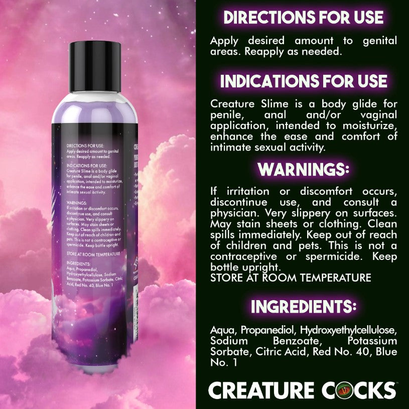 Purple water-based lube with directions, indications, warnings, and ingredients listed.