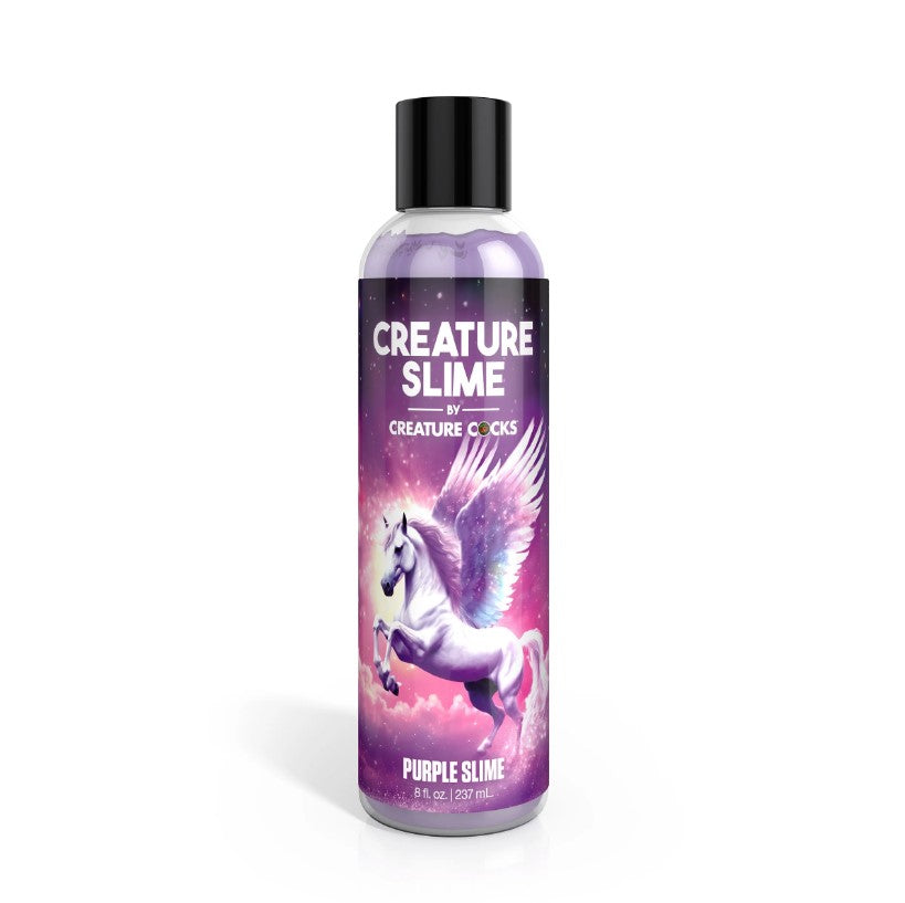A bottle of purple water-based lube with a winged horse graphic.