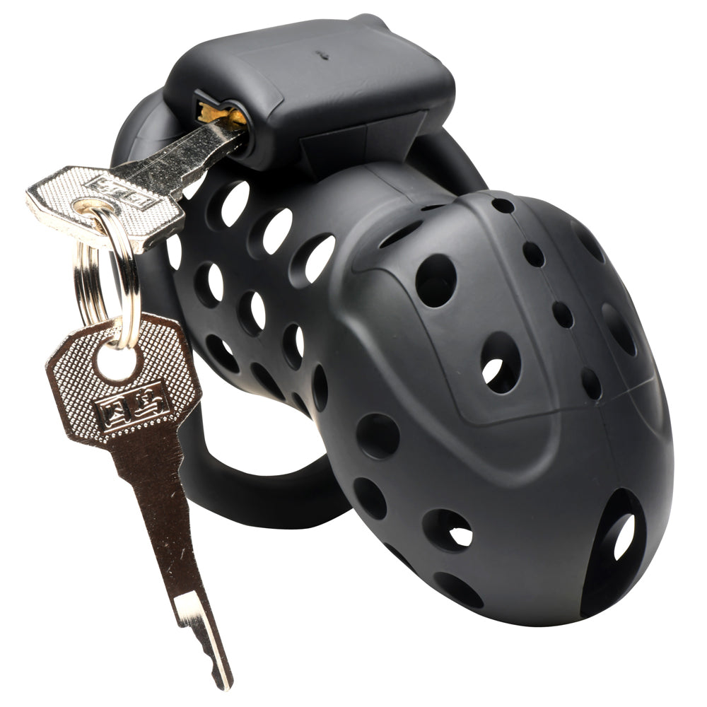 Black breathable chastity cage with two keys.