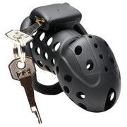 Black breathable chastity cage with two keys.