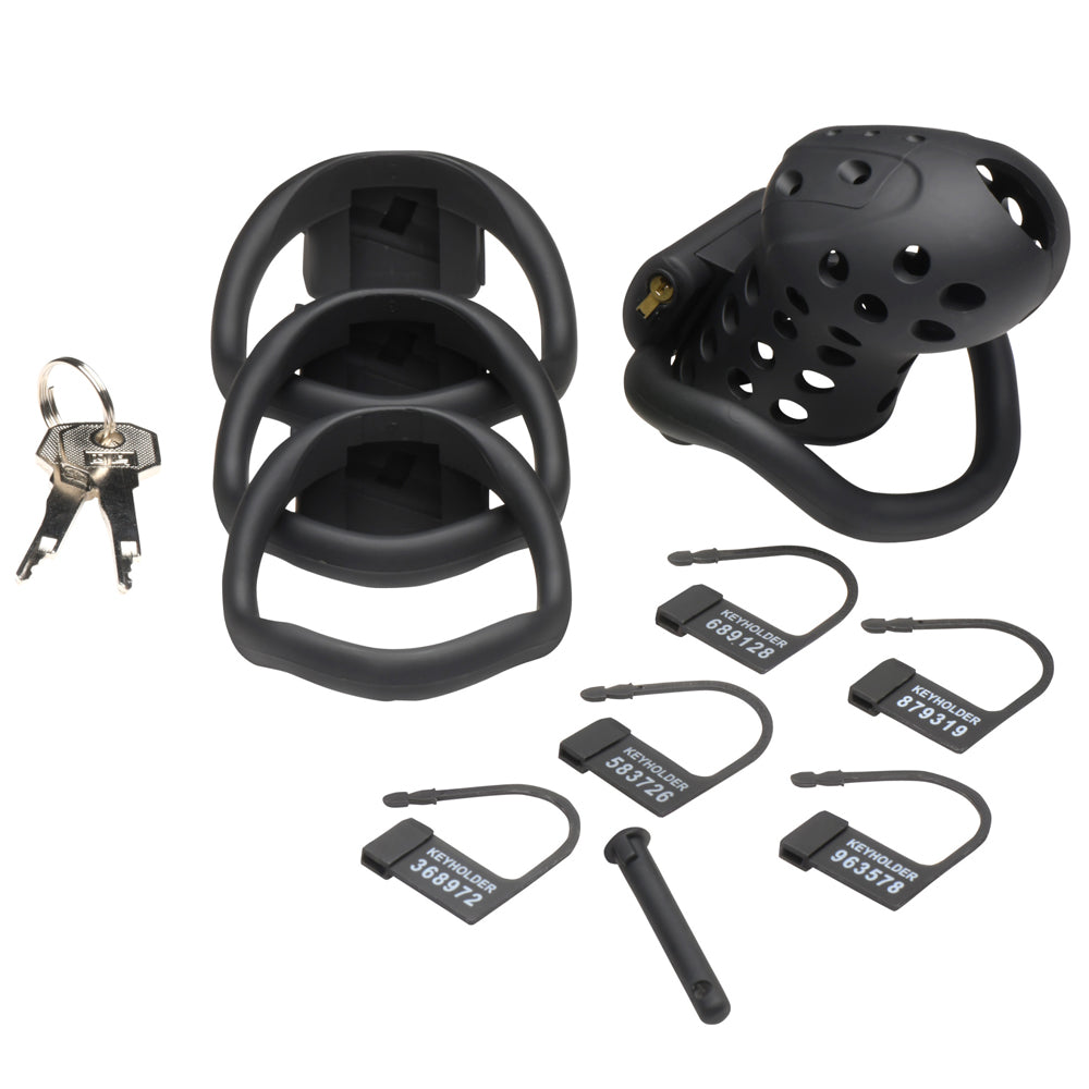 Black breathable chastity cage with multiple rings and keys.