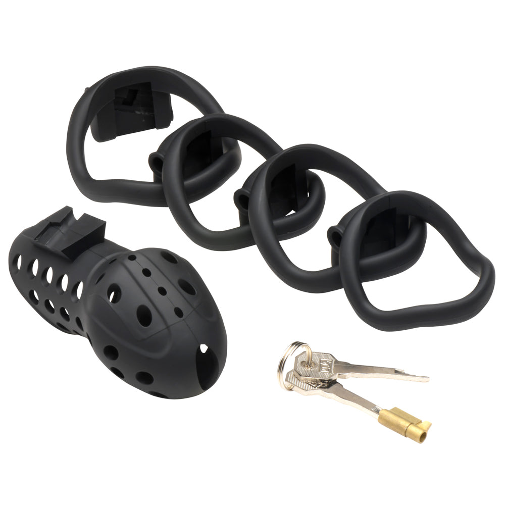 Black breathable chastity cage with a chain of rings and two keys.