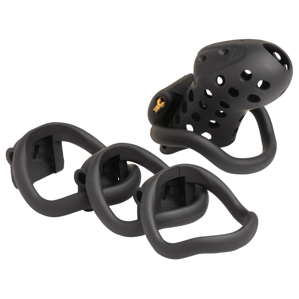 Black breathable chastity cage with a lock and four ring sizes.