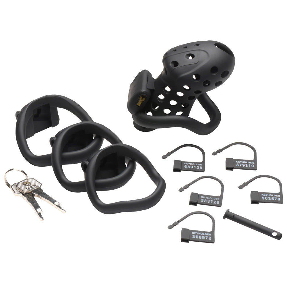 Black breathable chastity cage with four ring sizes, two keys, and five keyholder tags.