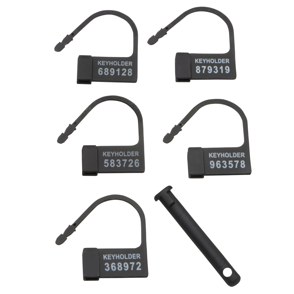 Six black plastic keyholder tags with numbers.