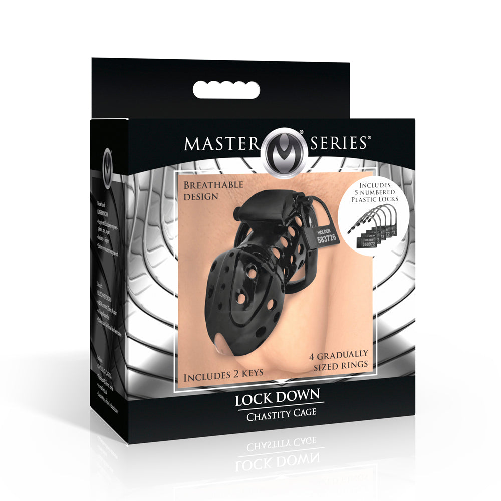 Lock Down breathable chastity cage with 4 ring sizes and 2 keys.