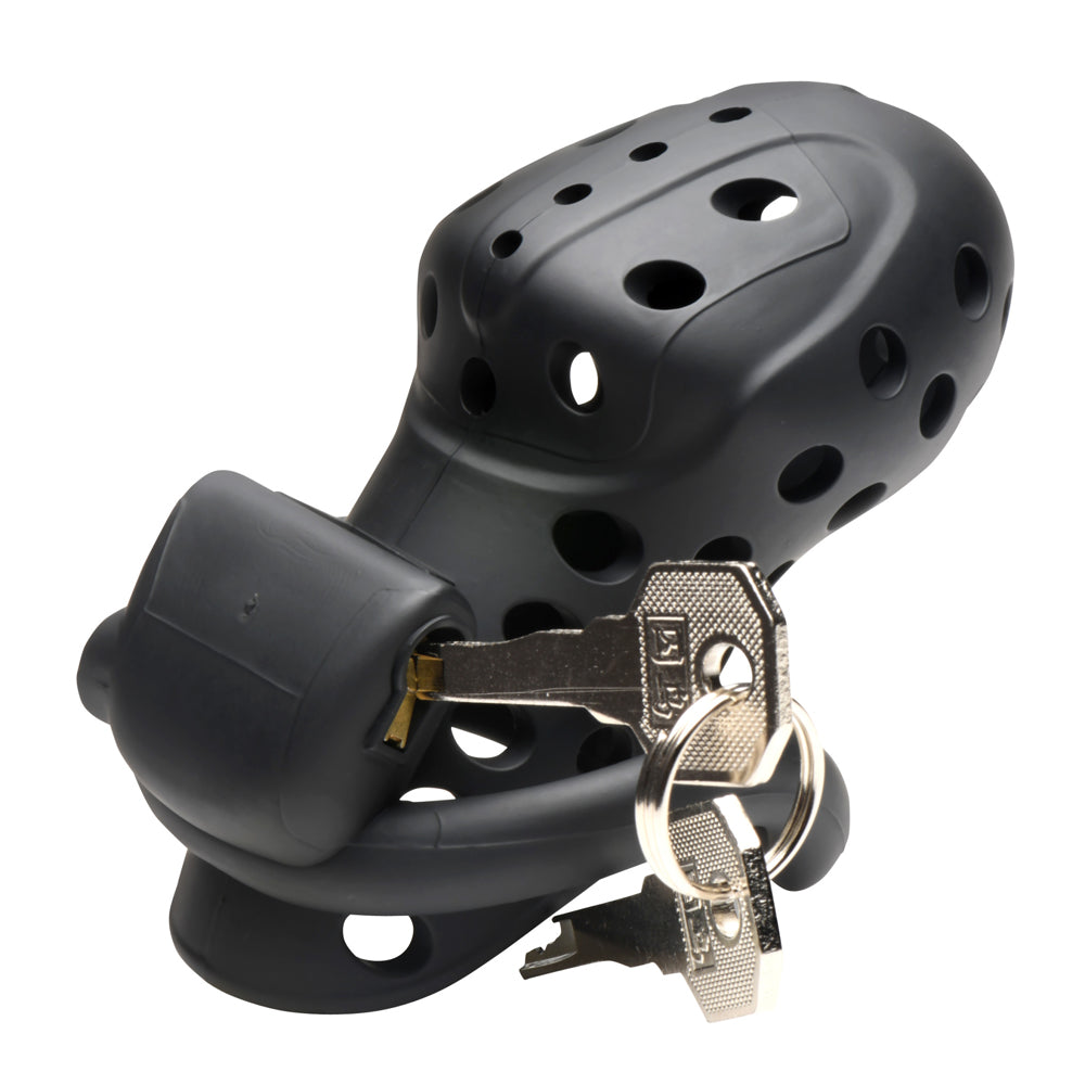 Black breathable chastity cage with two keys.