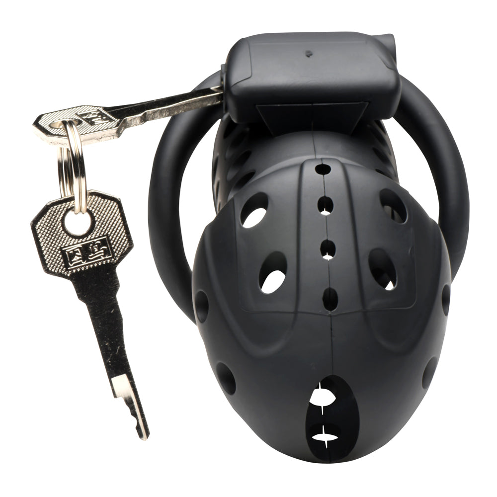 Black breathable chastity cage with two keys.