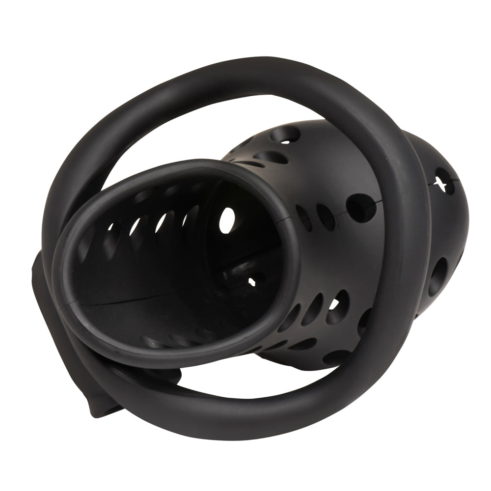 Black breathable chastity cage with a looped handle and multiple holes.