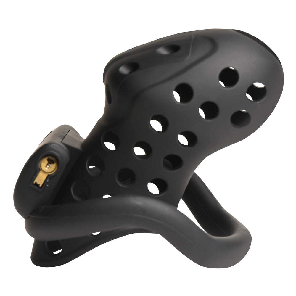 Black breathable chastity cage with a lock and key.