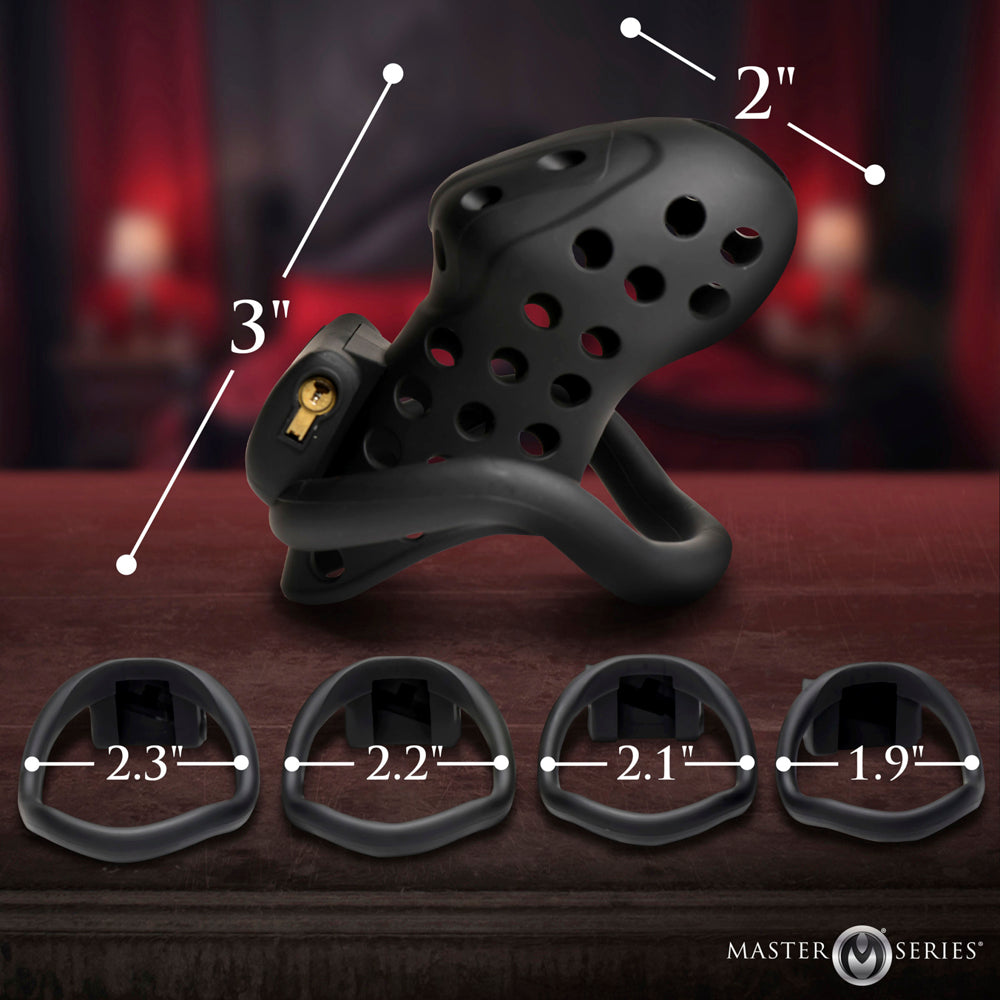 Black breathable chastity cage with four ring sizes.