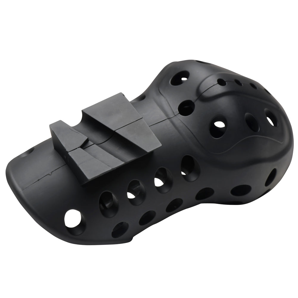 Black breathable chastity cage with a locking mechanism and ventilation holes.