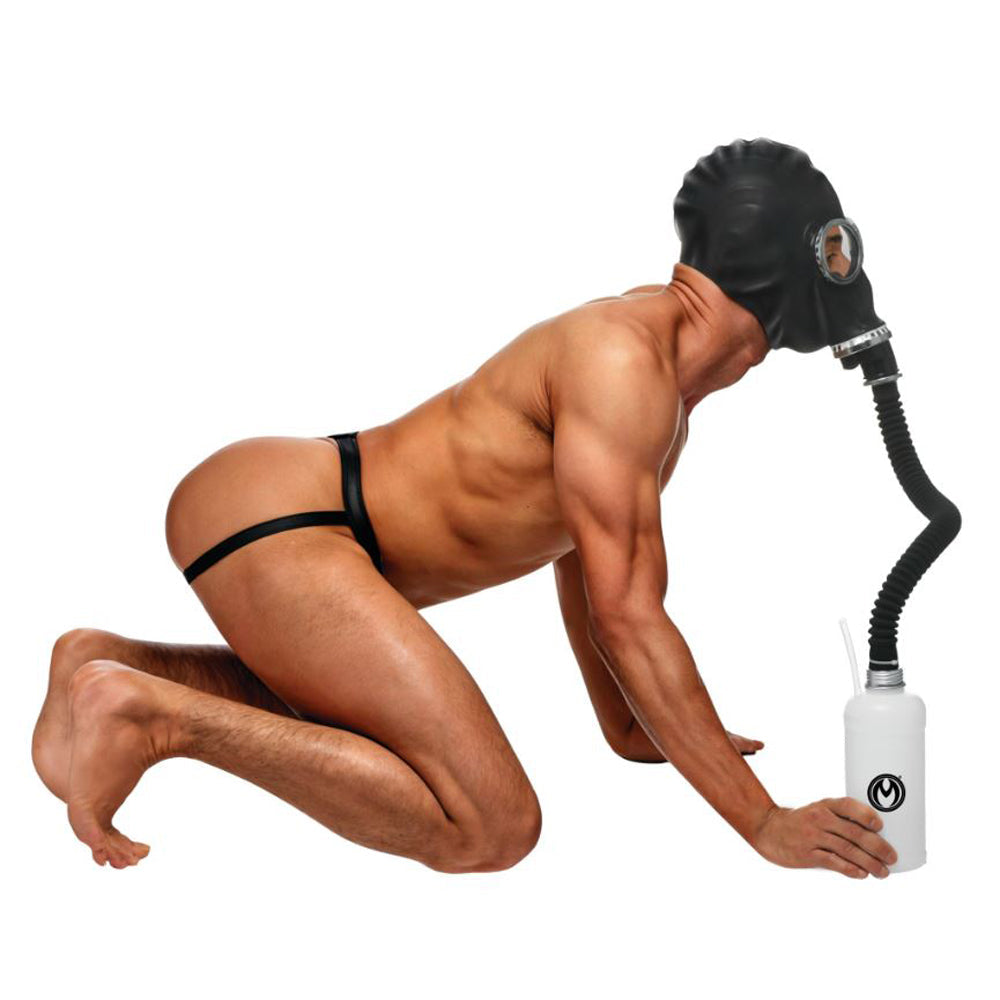 Black rubber gas mask with hose and aroma bottle.