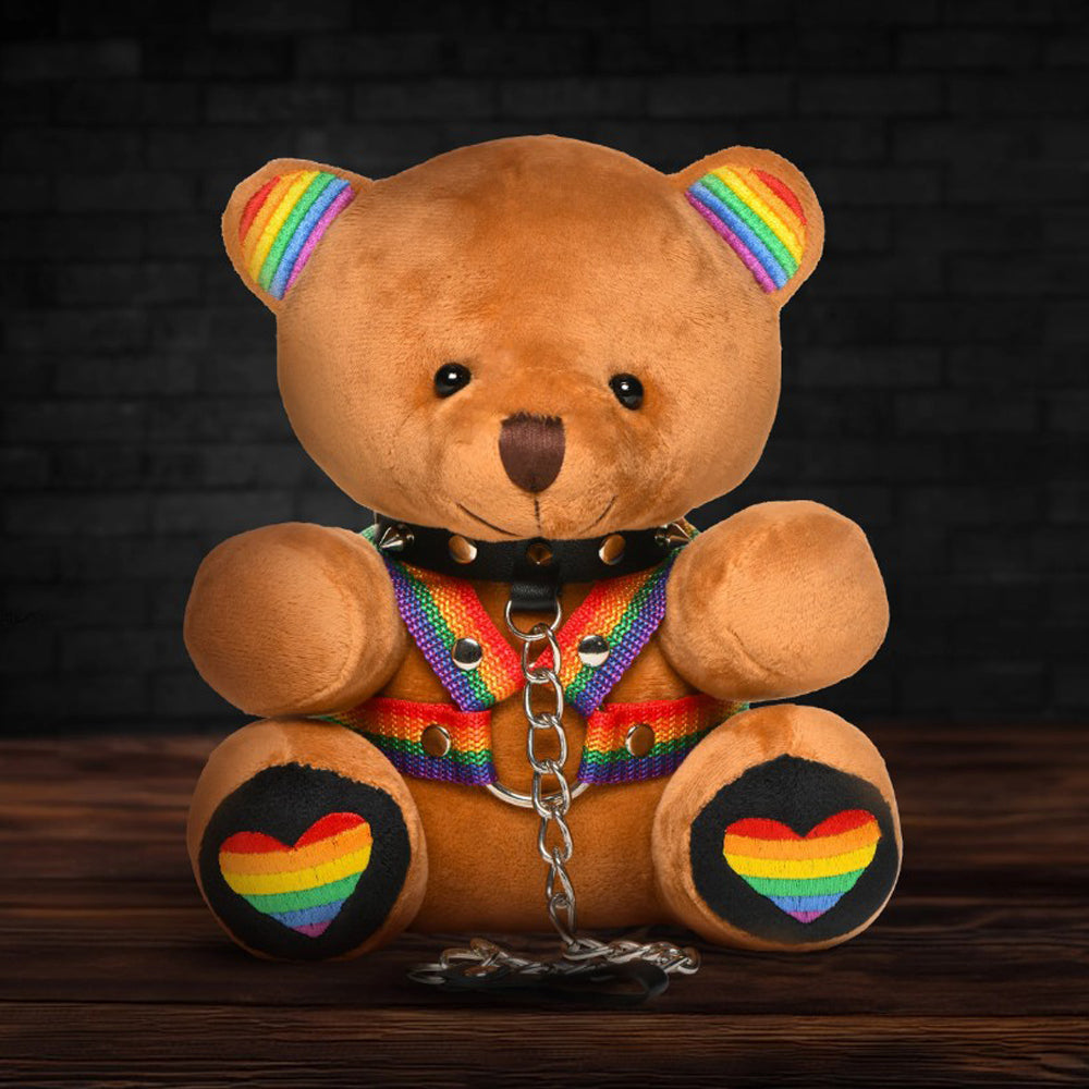 Pride teddy bear plush with rainbow harness, collar, and leash.