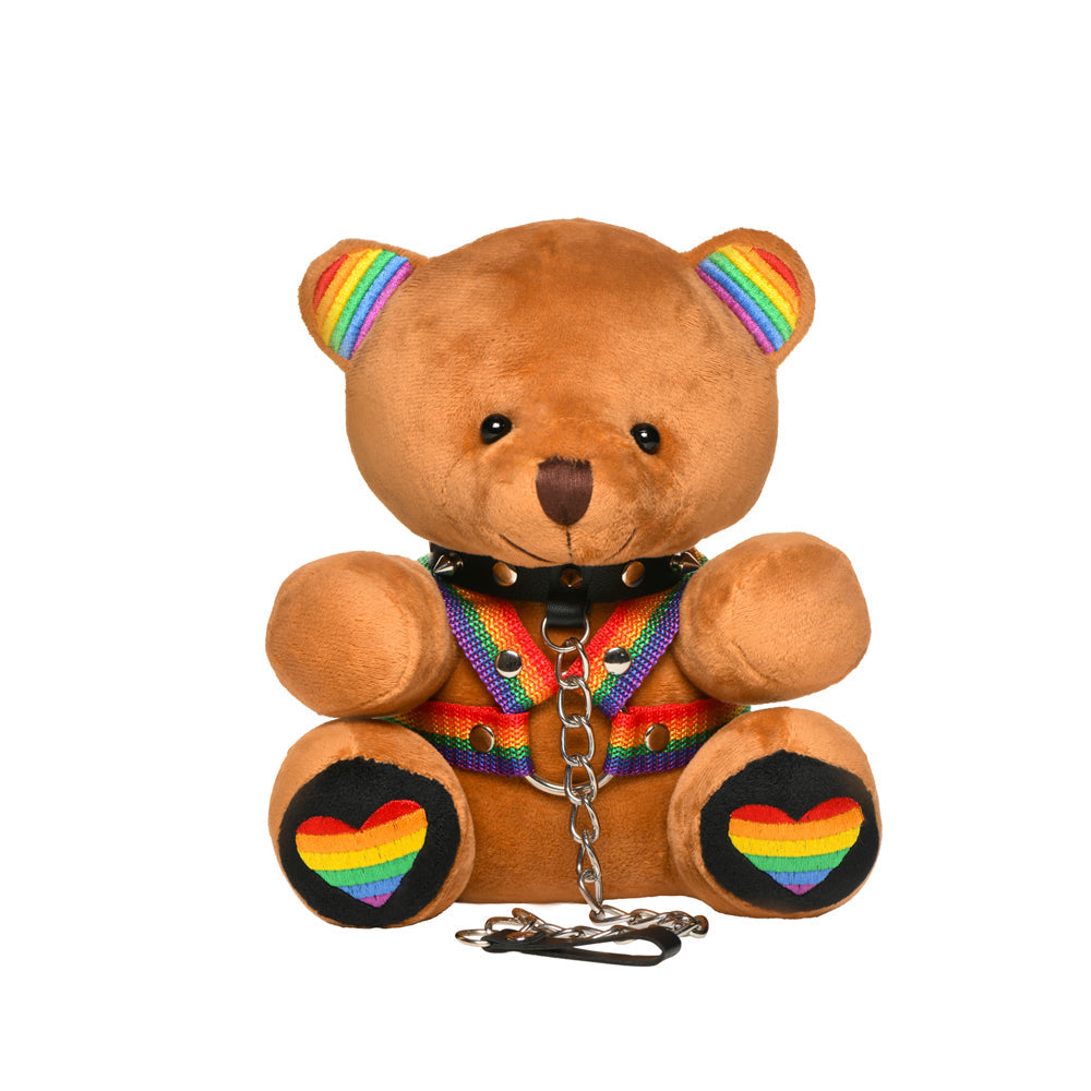 A brown teddy bear wearing a rainbow harness, spiked collar, and leash, with rainbow accents on its ears and feet.