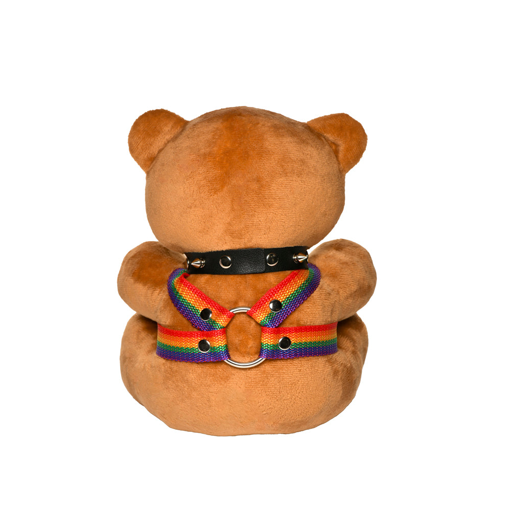 Brown teddy bear wearing a rainbow harness and spiked collar.