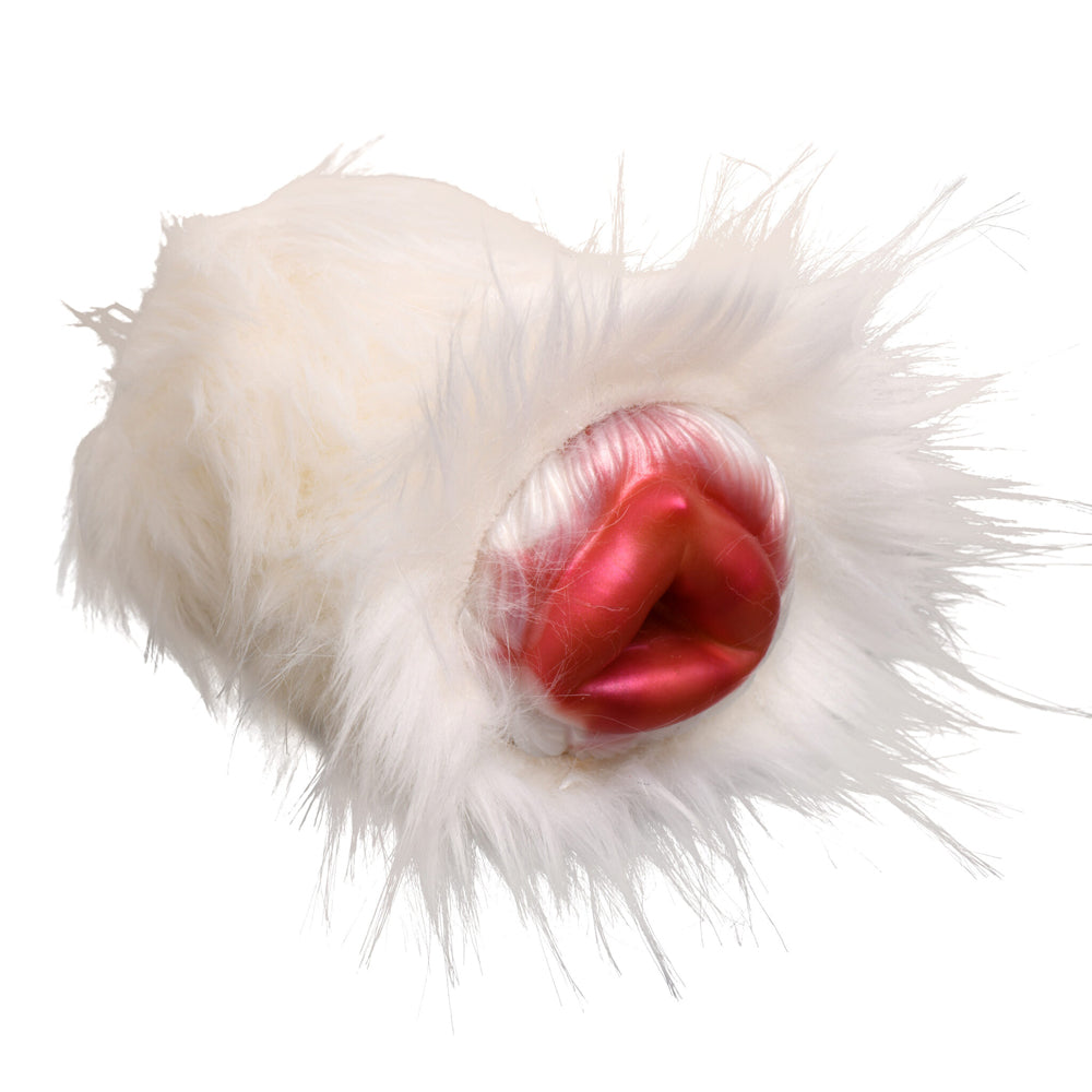 White furry stroker with a red, textured interior.