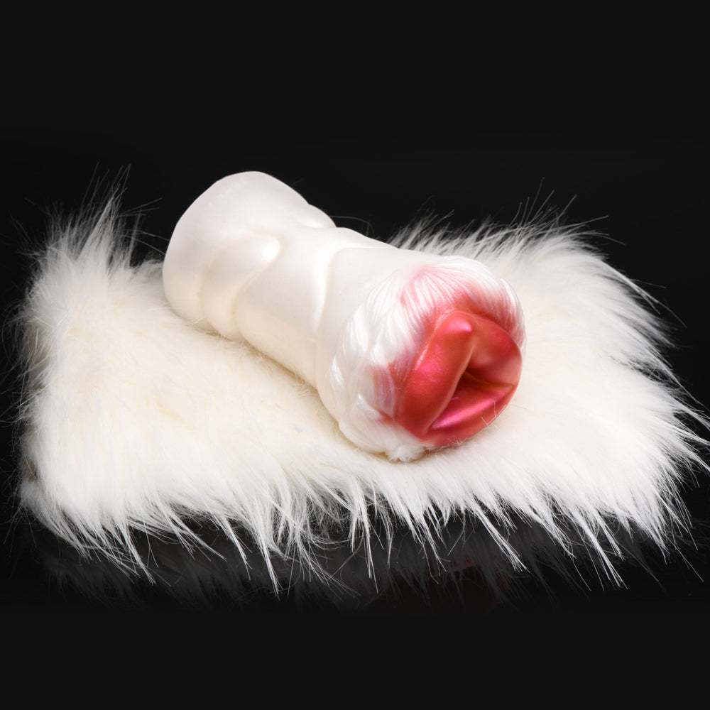 White silicone stroker with red interior and detachable white fur.