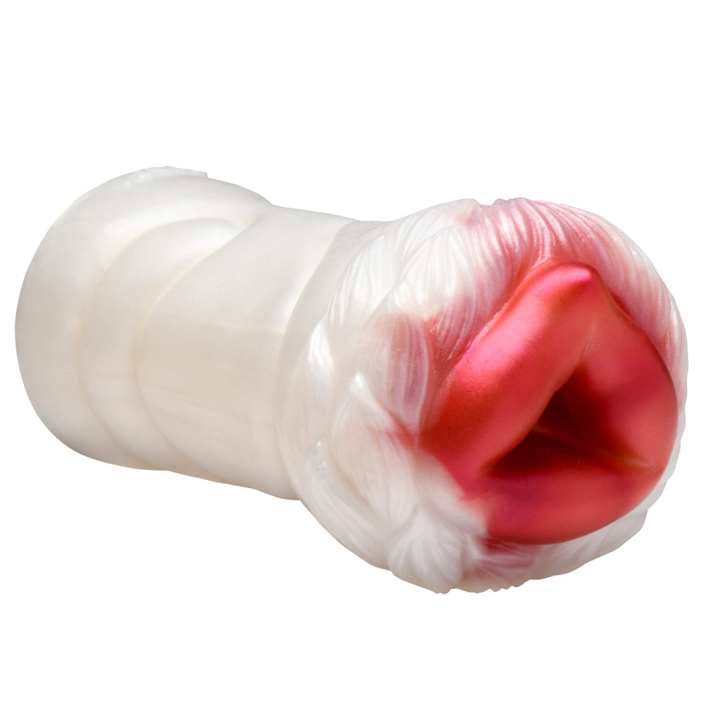 White silicone stroker with red interior and detachable white fur.
