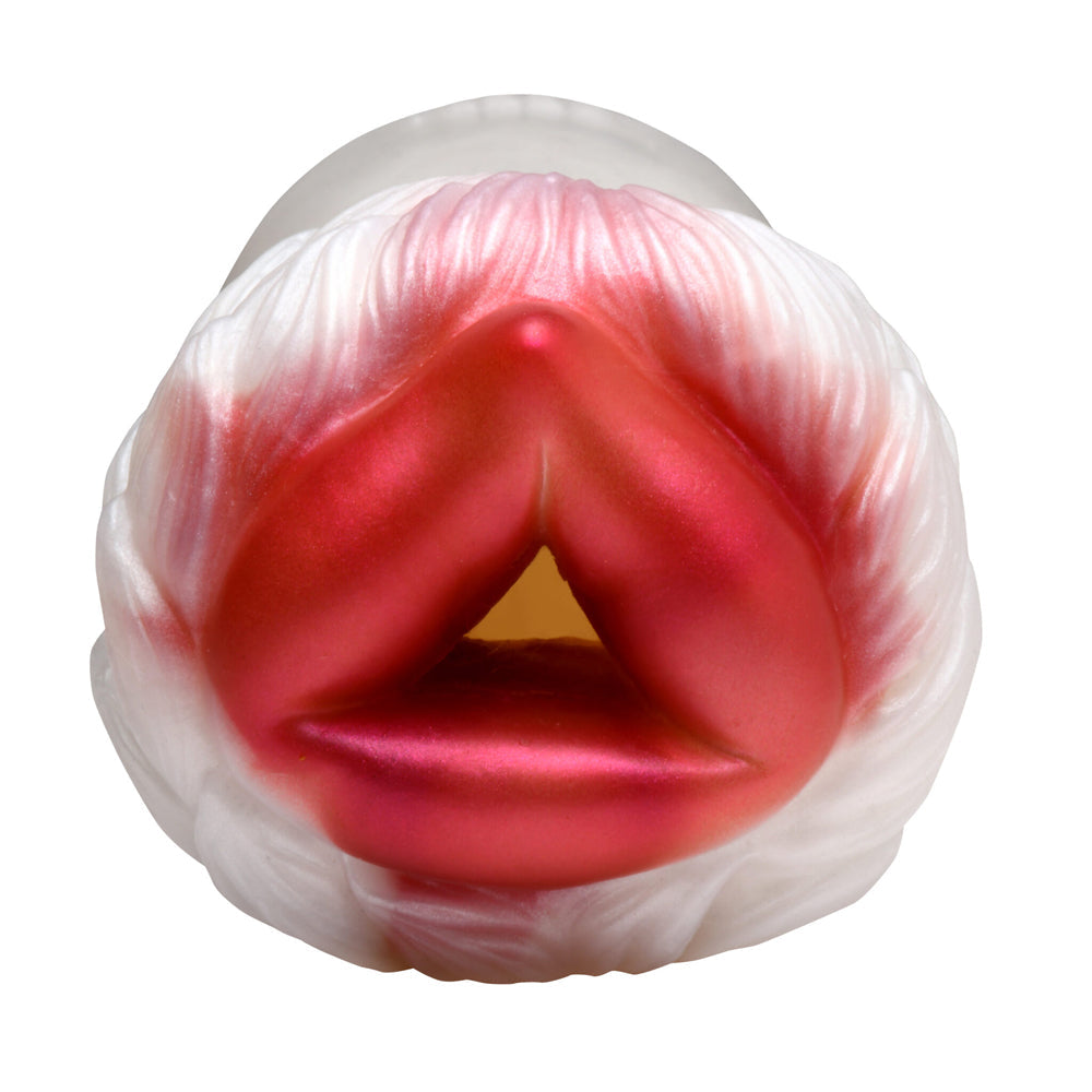 White and red silicone stroker with fur trim.