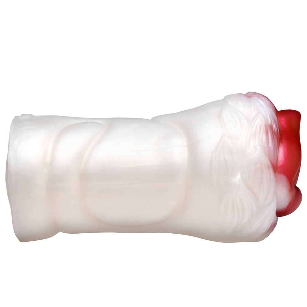 White silicone stroker with red interior and detachable white fur.
