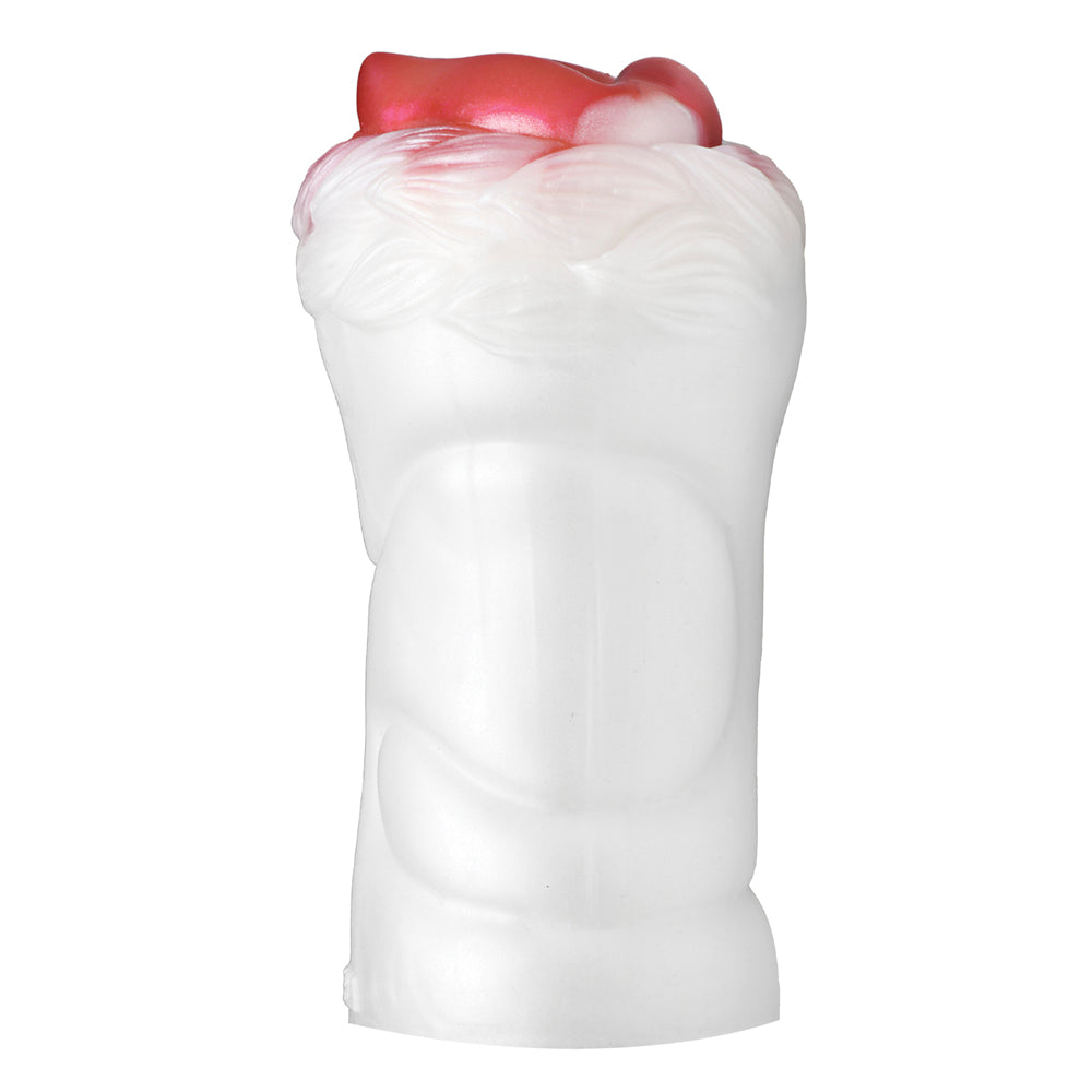 White silicone stroker with red accents and detachable fur.