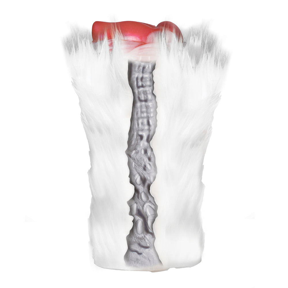 Snow She-Wolf silicone stroker with white fur and red interior.