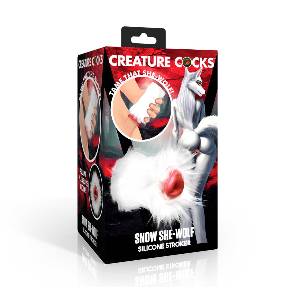 Snow She-Wolf silicone stroker with detachable white fur.