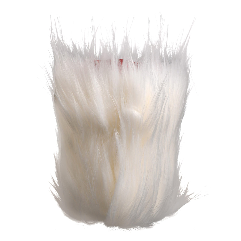 White faux fur covers a silicone stroker with a red interior.