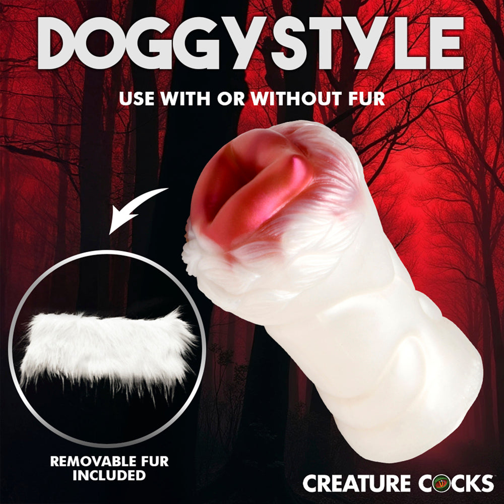 Snow She-Wolf silicone stroker with removable white fur.
