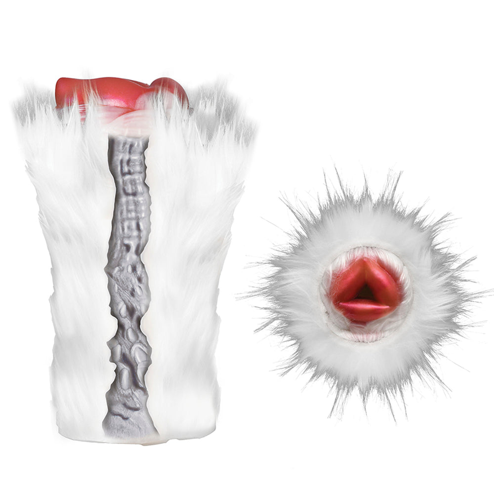 White fur stroker with textured grey interior and red opening.