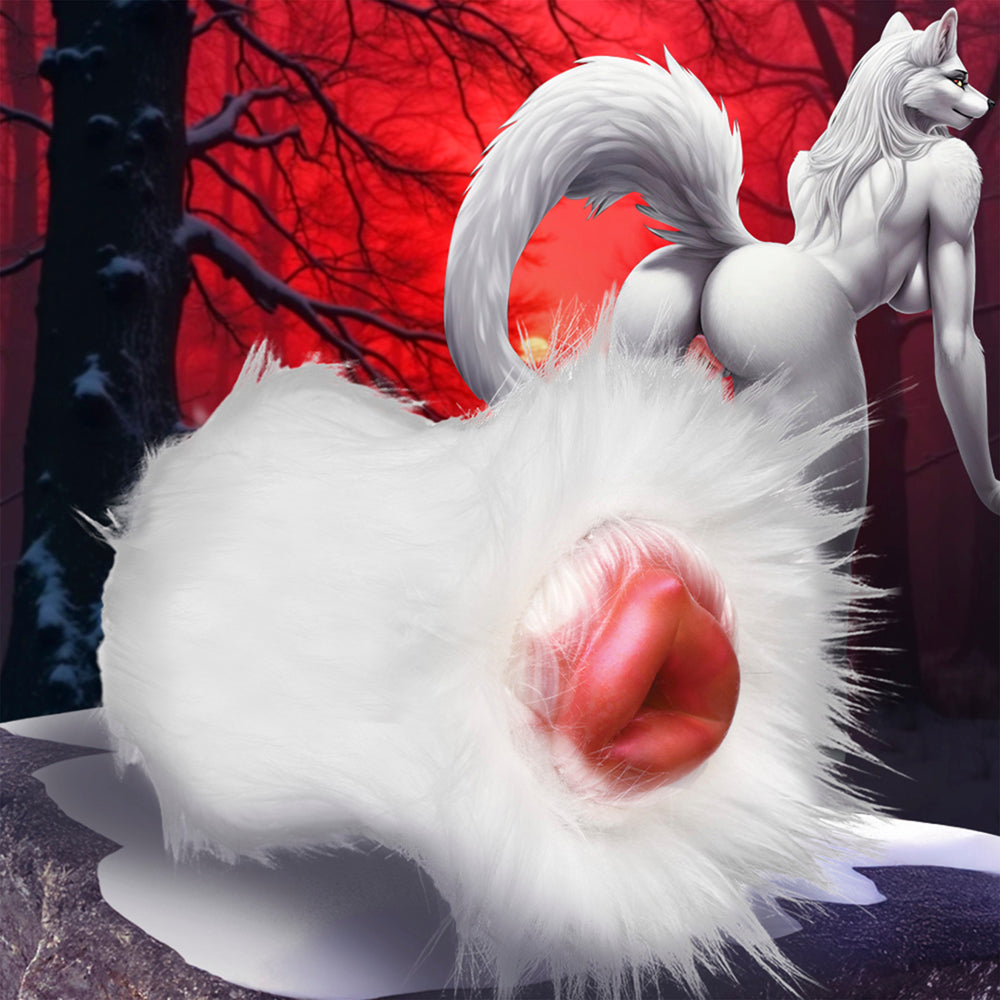 White fur stroker with red interior and wolf figure.