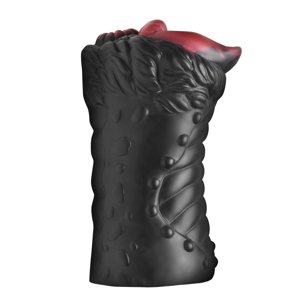 Black silicone stroker with red accents and textured fur.