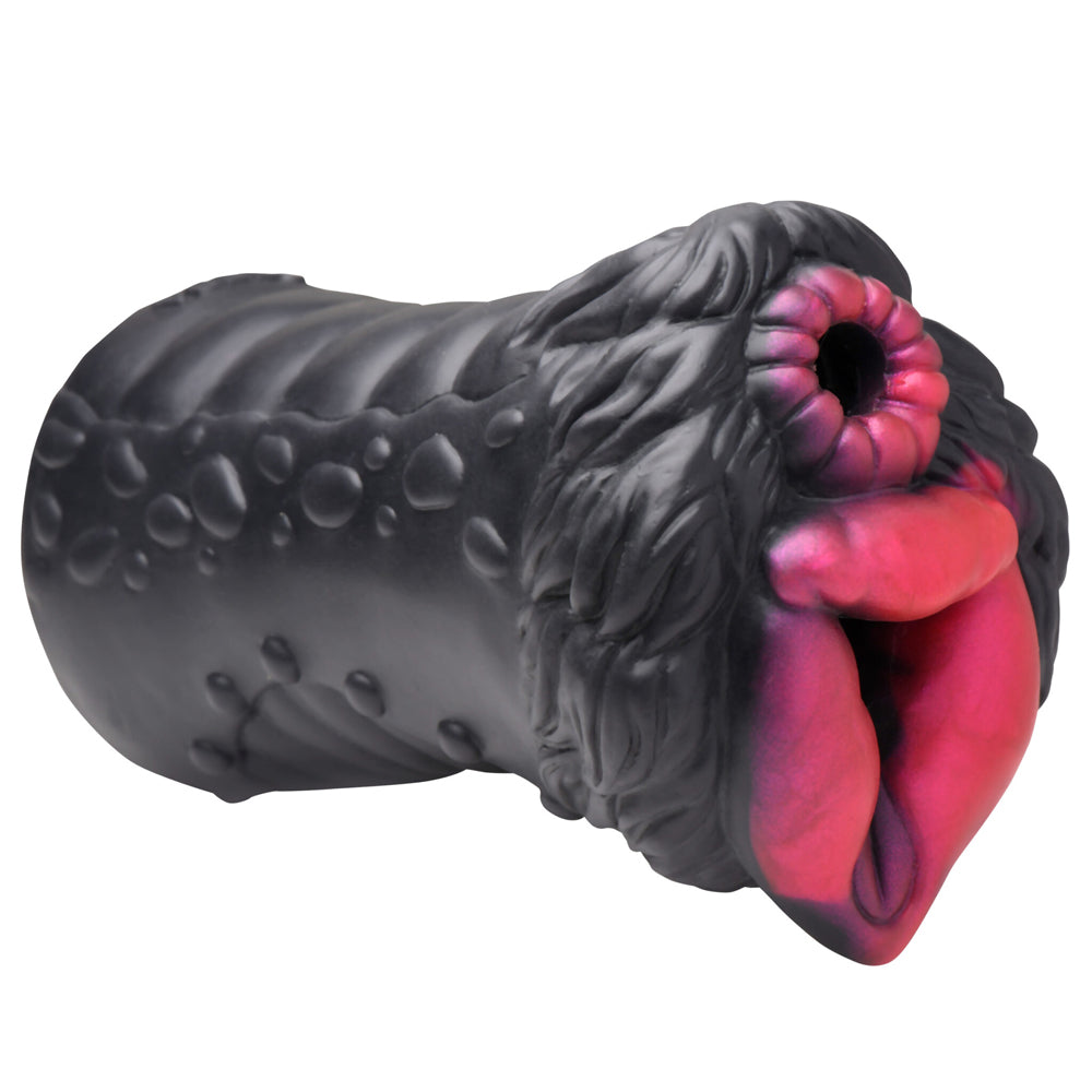 Black and pink textured silicone stroker with fur detail.
